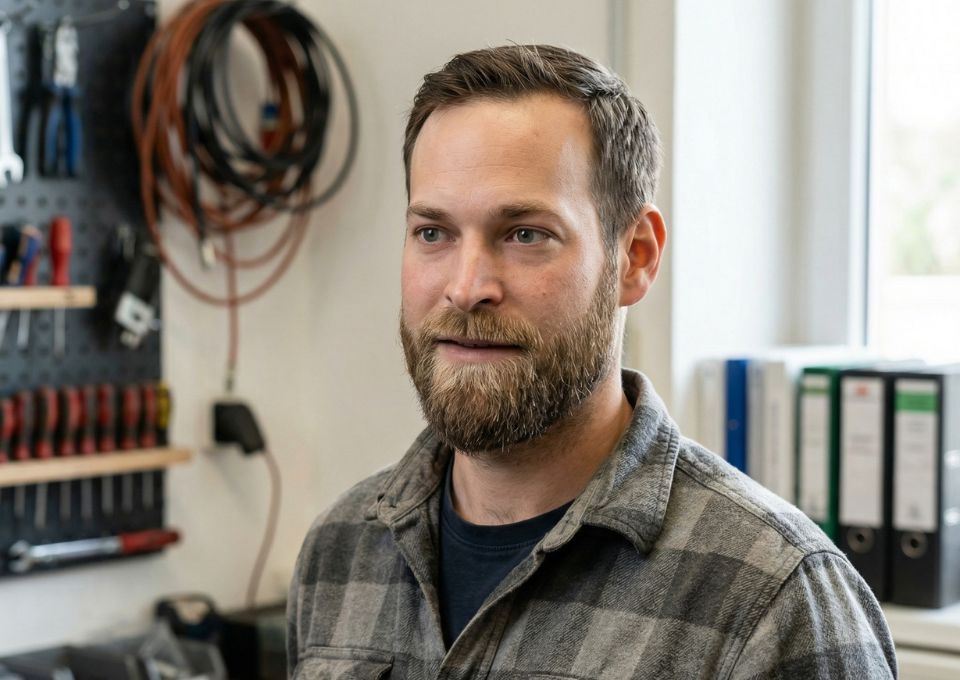 Inhaber von Aufzug-Elektrik im Gespräch mit Technikern