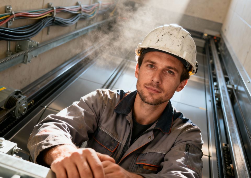 Aufzugstechniker bei der Wartung einer Anlage